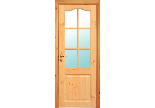 Дверь деревянная межкомнатная из массива сосны, Рустик, 3 филенки, окрашена бесцветным лаком, со стеклом